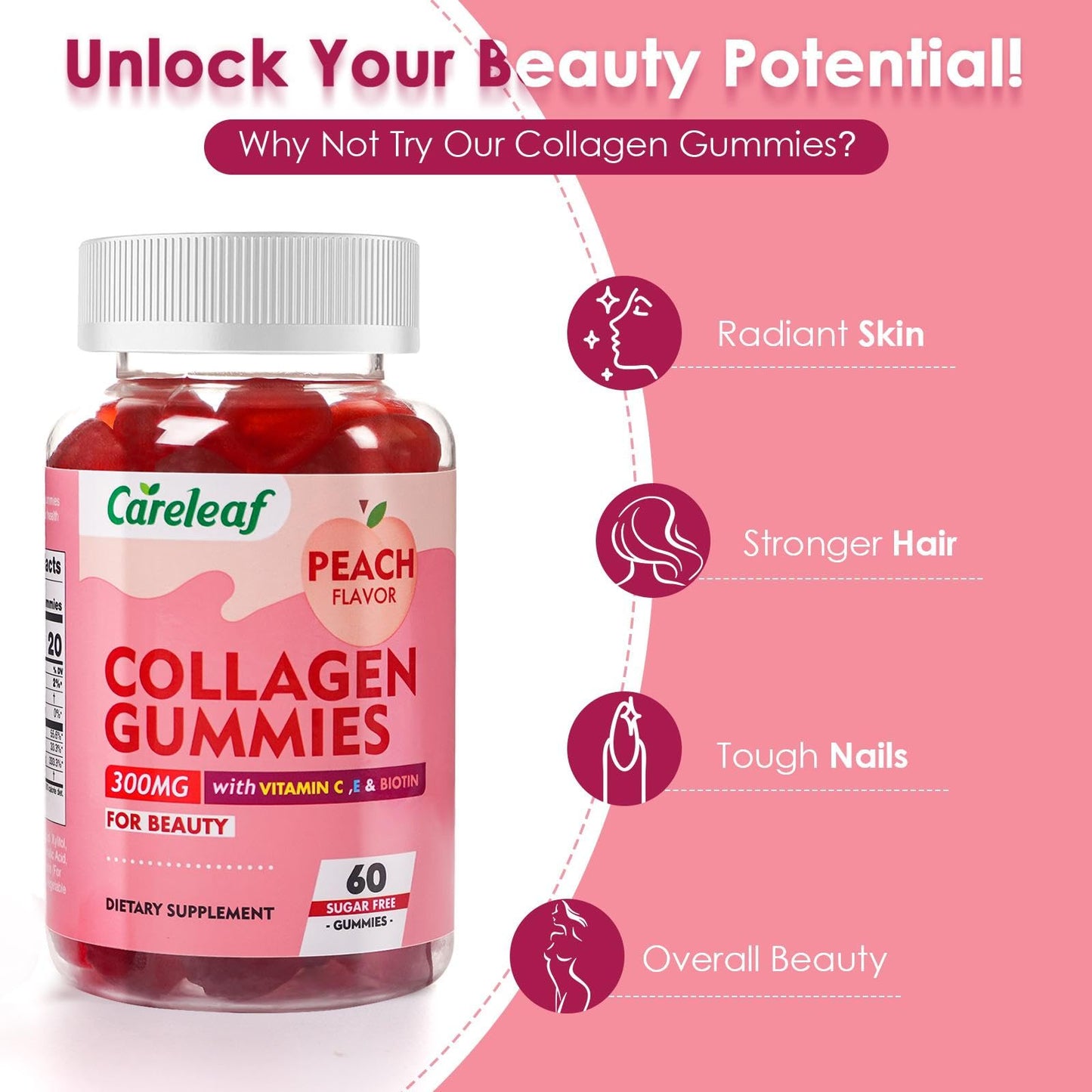 careleaf Sugar Free Collagen Gummies with Vitamin C Vitamin E Support Natural Collagen Production, Healthy Hair, Nails and Bones,Peach Flavor,60 Gummies for 30 Days Supply careleaf buy supplements Au