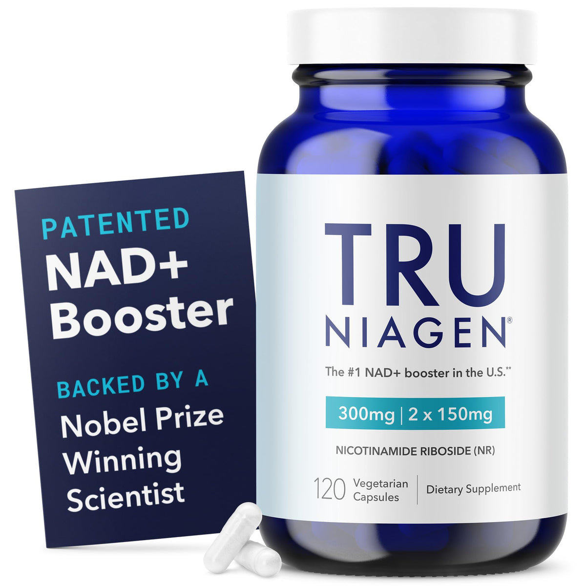 TRU NIAGEN supplement bottle with blue label and white capsules on a white background