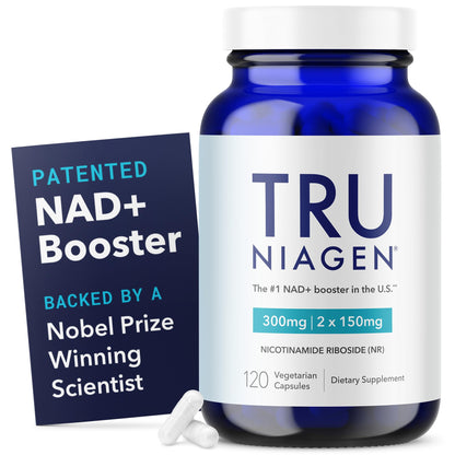TRU NIAGEN supplement bottle with blue label and white capsules on a white background