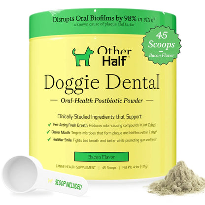 OTHER HALF Doggie Dental Supplement Powder - Dog Breath Freshener & Teeth Cleaning Made Easy - Oral Health Postbiotic for Dogs - Targets Tartar, Plaque & Bad Breath | 45 Scoops, Bacon Flavor OTHER HALFBuy Supplements Australia