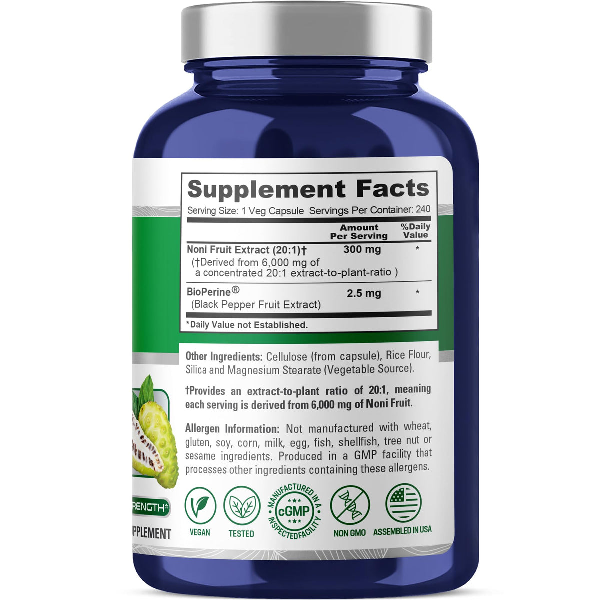 NusaPure Noni Fruit 20:1 Extract, 300 mg Equivalent to 6,000 mg 240 Capsules Suitable for Vegetarian/Vegan, Non-GMO NusaPureBuy Supplements Australia