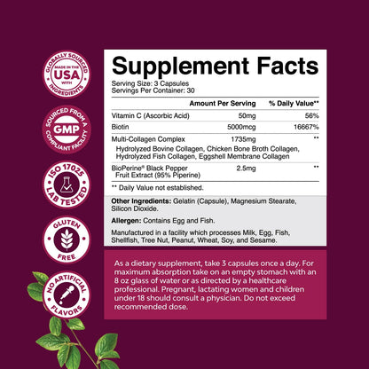 Advanced Multi Collagen Complex - Ageless Multi Collagen Peptides Supplements with Type 1 2 3 5 & X & Biotin for Hair, Skin and Nails Vitamins - Biotin Supplements for Women & Men - 90 Count Natures CraftBuy Supplements Australia
