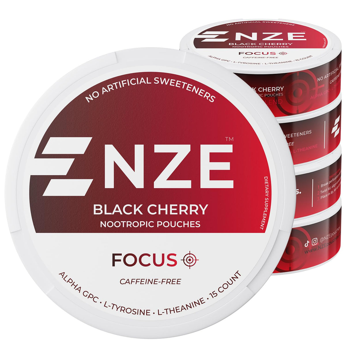 NZE Caffeine Free Nootropic Pouches (Black Cherry) - Nootropic Pouches with Alpha GPC, L-Tyrosine & L-Theanine - No Sugar or Artificial Sweeteners - 15 Pouches Per Can - 5 Pack NZEBuy Supplements Australia