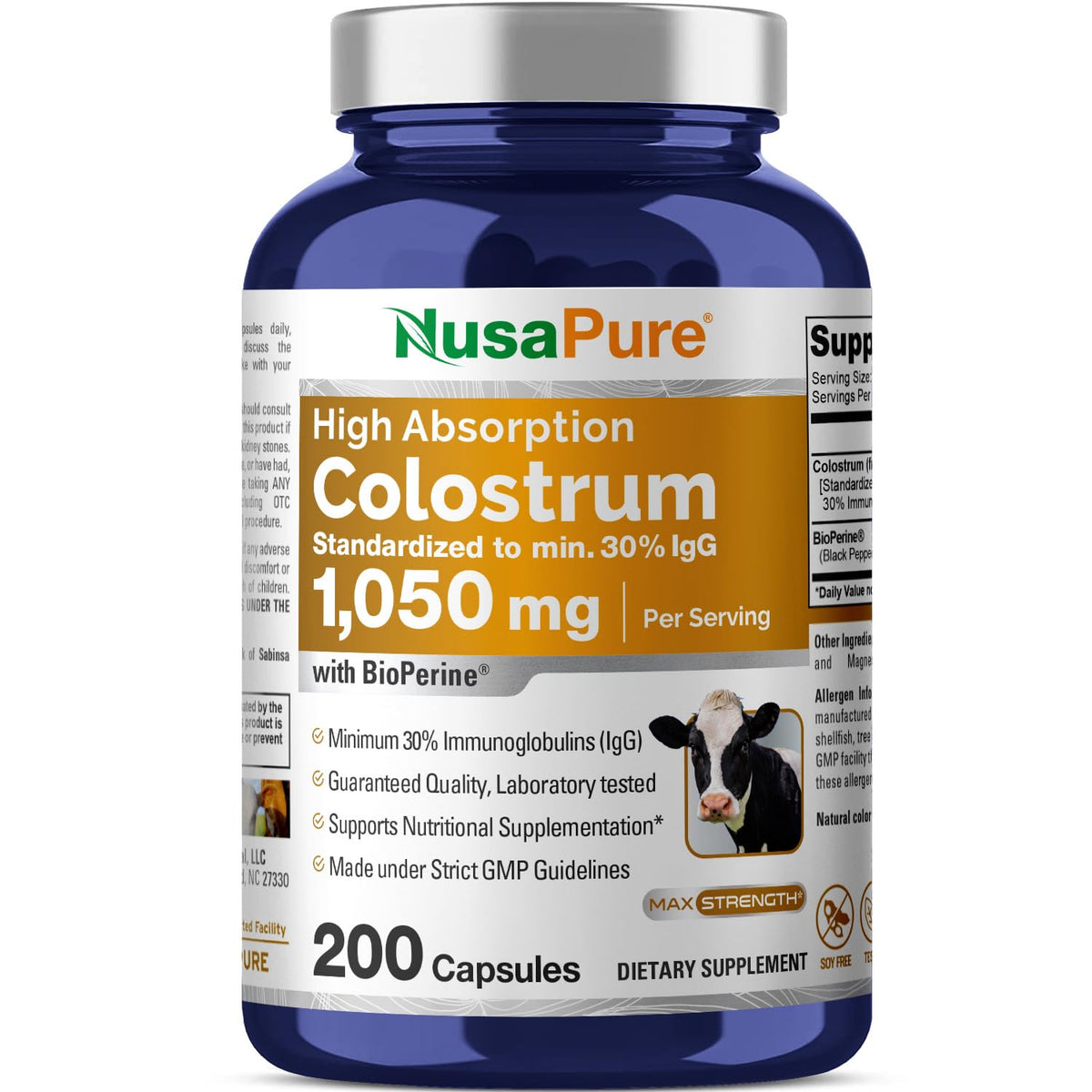 NusaPure Colostrum 1050mg 30% IgG 200 capsules (Non-GMO, Soyfree) Bioperine NusaPureBuy Supplements Australia