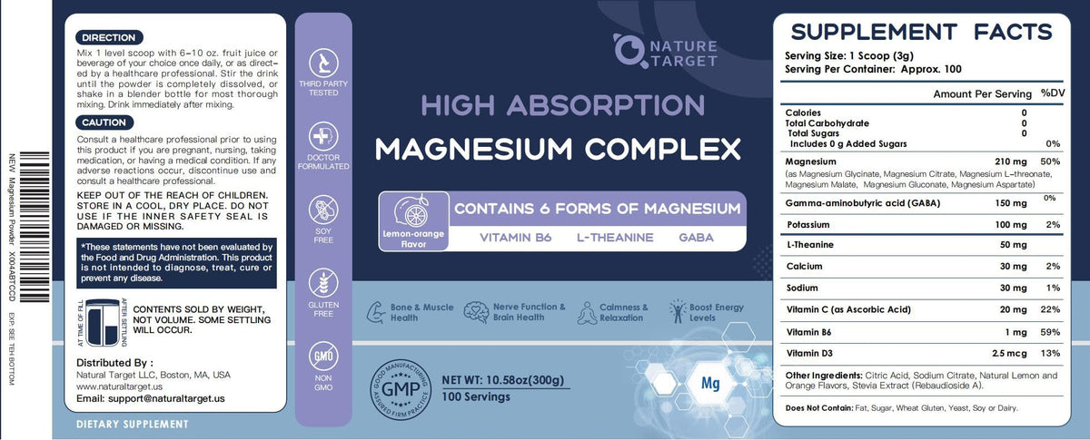 NATURE TARGET Magnesium Powder Supplement with Glycinate, Citrate, Malate, Magnesium Complex with L-Theanine & Vitamin B6 for Muscle, Heart & Brain, Vegan, 10.58 oz (100 Servings), Lemon Orange Flavor NATURE TARGETBuy Supplements Australia