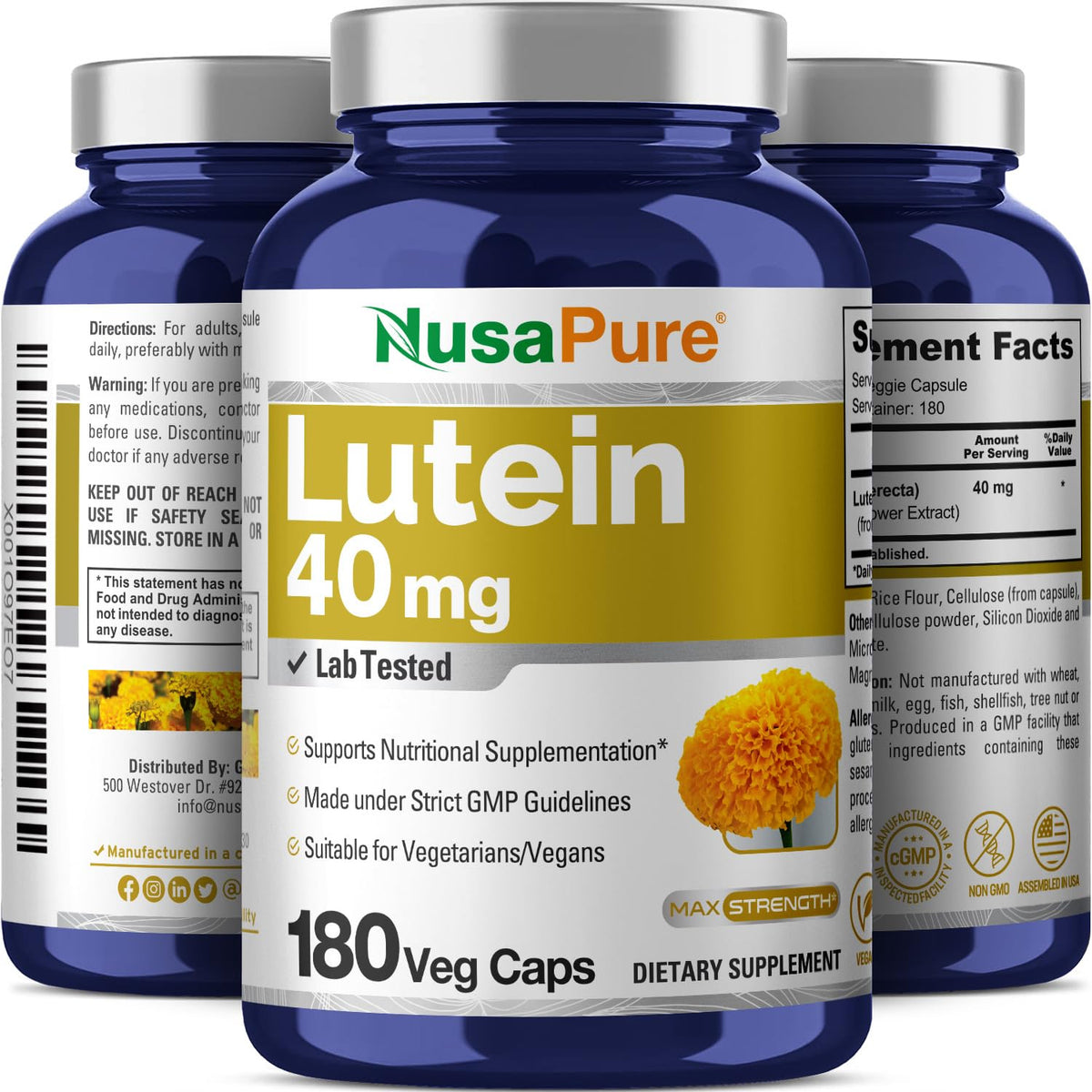 NusasPure Lutein - Suitable for Vegetarian/Vegan, Non - GMO - 40 mg - 180 Capsules NusaPureBuy Supplements Australia