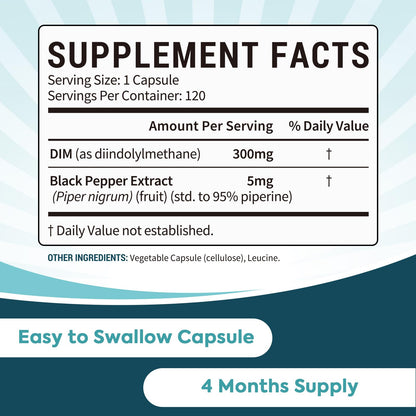 Surebounty DIM Supplement 300mg for Women & Men, Estrogen Balance & Metabolism, Hormone Balance, Menopause Support, Energy Maintainence, High Absorption with Black Pepper Extract, 120 Caps SurebountyBuy Supplements Australia