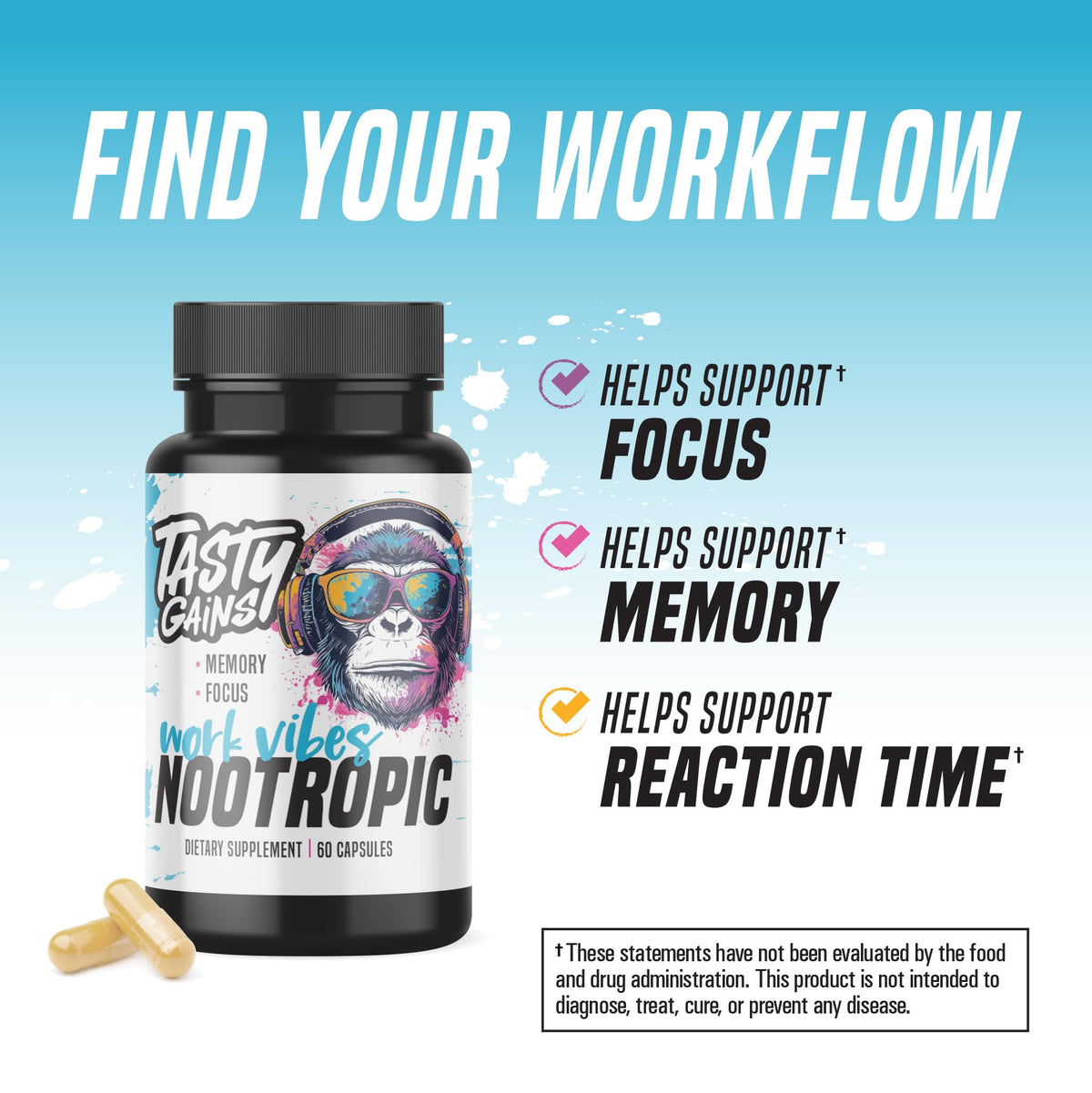 Nootropic Brain Supplement for Memory and Focus - Vitamin for Mental Health & Brain Health with L-Theanine, Rhodiola Rosea & Phosphatidylserine - Memory, Mental Clarity & Cognitive Improvement - 60 Ct TASTY GAINSBuy Supplements Australia