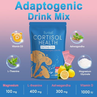 Bunkell Cortisol Powdered Drink Mix, Made with Magnesium Glycinate, L-Theanine, Ashwagandha & Vitamin D3, Cortisol Supplements for Relaxation, Focus & Calm Support, Raspberry Lemonade Flavor, 30 Ct BunkellBuy Supplements Australia
