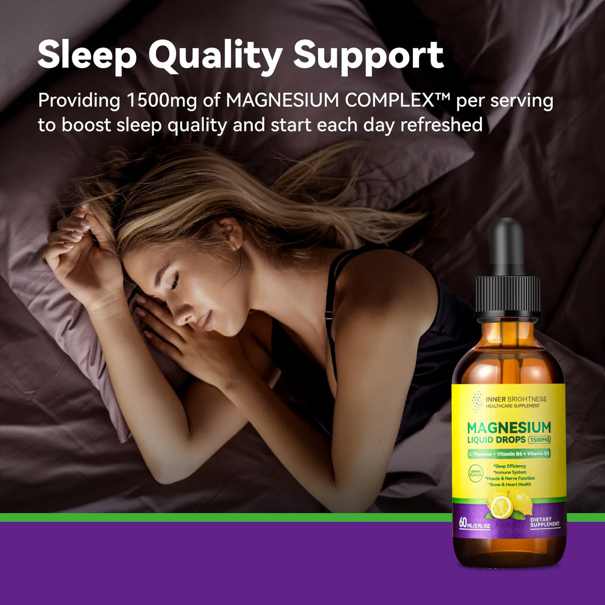 Magnesium Glycinate Liquid Drops 1500mg with Magnesium Citrate & Taurate, L-Theanine, Vitamin D3, B6 - Supports Calm, Sleep, Muscle Relaxation, Leg Cramps & Energy, Lemon Flavor, 60 mL Inner BrightnessBuy Supplements Australia