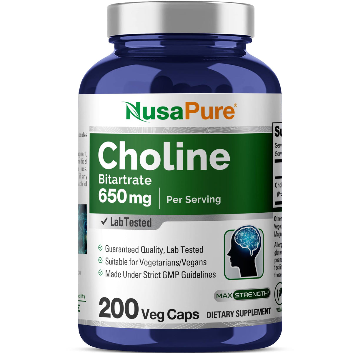 NusaPure Choline Bitartrate - Suitable for Vegetarian/Vegan, Non - GMO - 650 mg 200 Capsules NusaPureBuy Supplements Australia