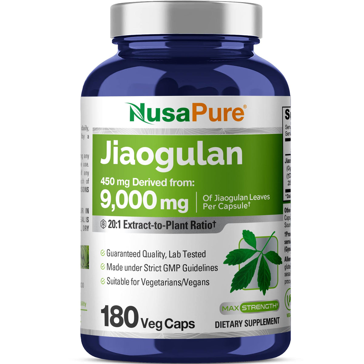 NusaPure Jiaogulan 20:1 Extract, 450 mg Equivalent to 9,000mg 180 Veggie Capsules (Vegetarian, Non-GMO, Vegan) Gynostemma Pentaphyllum NusaPureBuy Supplements Australia