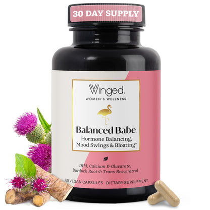 Winged Wellness Balance Babe, Hormone Balance & Estrogen Detox Supplement for Women - 100mg DIM & Calcium D-Glucarate & Milk Thistle for PMS Bloating, Cramps, Mood & Hormonal Acne Support, 60 Capsules Winged WellnessBuy Supplements Australia
