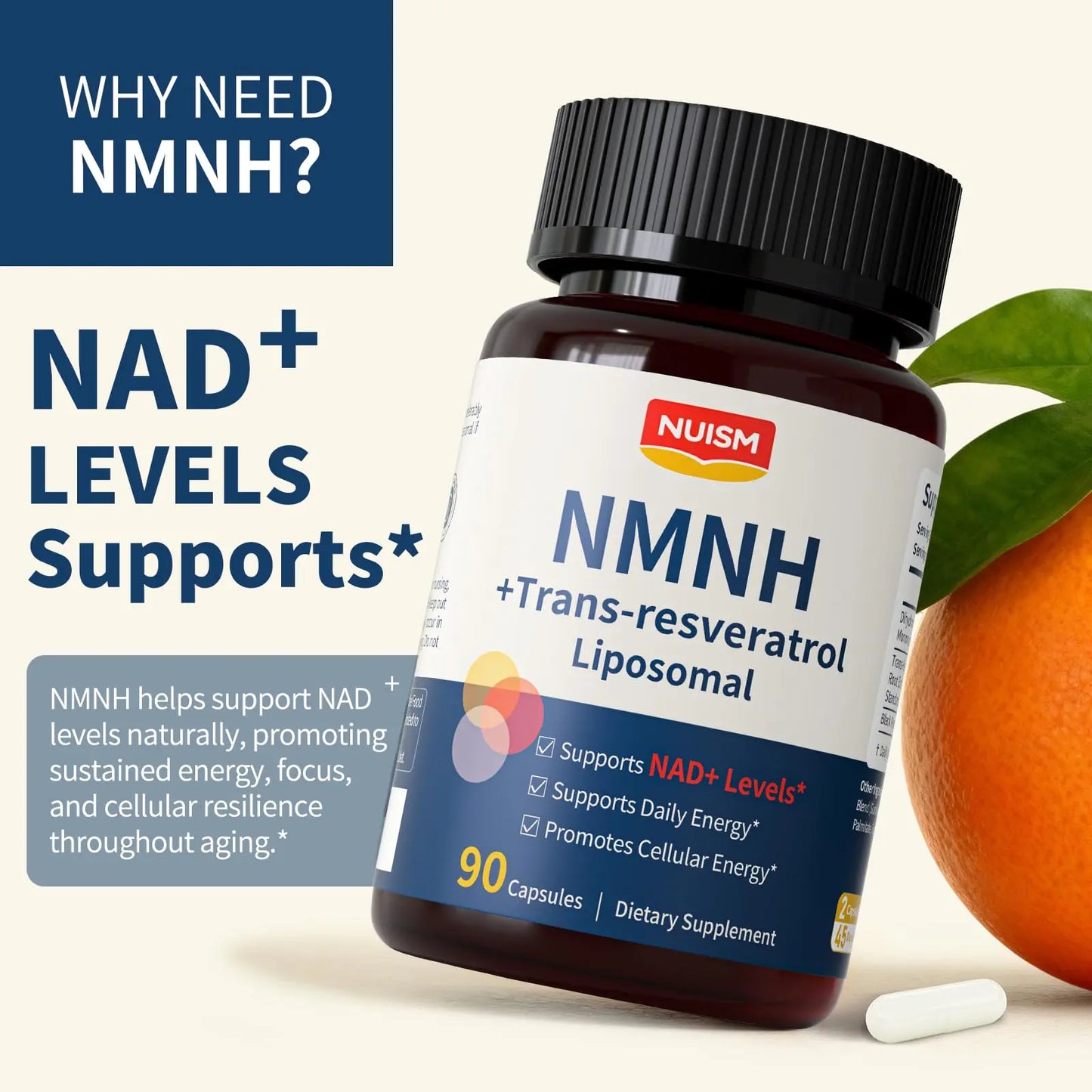 NUISM NMNH NAD+ Supplement, Liposomal 600mg NMN NAD+ and Resveratrol Complex for Cellular Energy, Healthy Aging & Metabolic Support, 90 Capsules NUISMBuy Supplements Australia