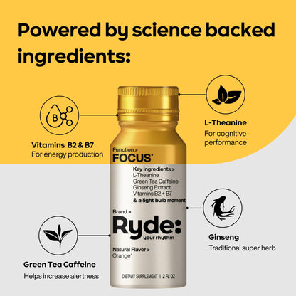 Ryde: Focus Shot | Orange Flavor | L-Theanine & Ginseng | Green Tea Caffeine | Vitamins B2 & B7 | 0 Calories, 0 Sugar | 2 FL OZ Shots | Supports Focus* (8 Pack) RYDEBuy Supplements Australia
