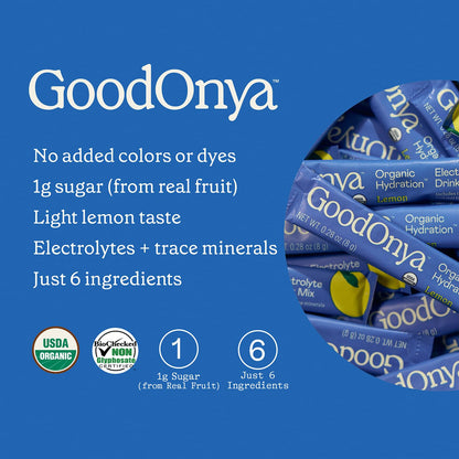 GOODONYA Organic Hydration Electrolyte Drink Mix, Certified Organic Hydration Powder, Non-GMO, Biochecked Glyphosate Free, Low Sugar, Lemonade Flavor, No Artificial Flavors,12 Stick Packs