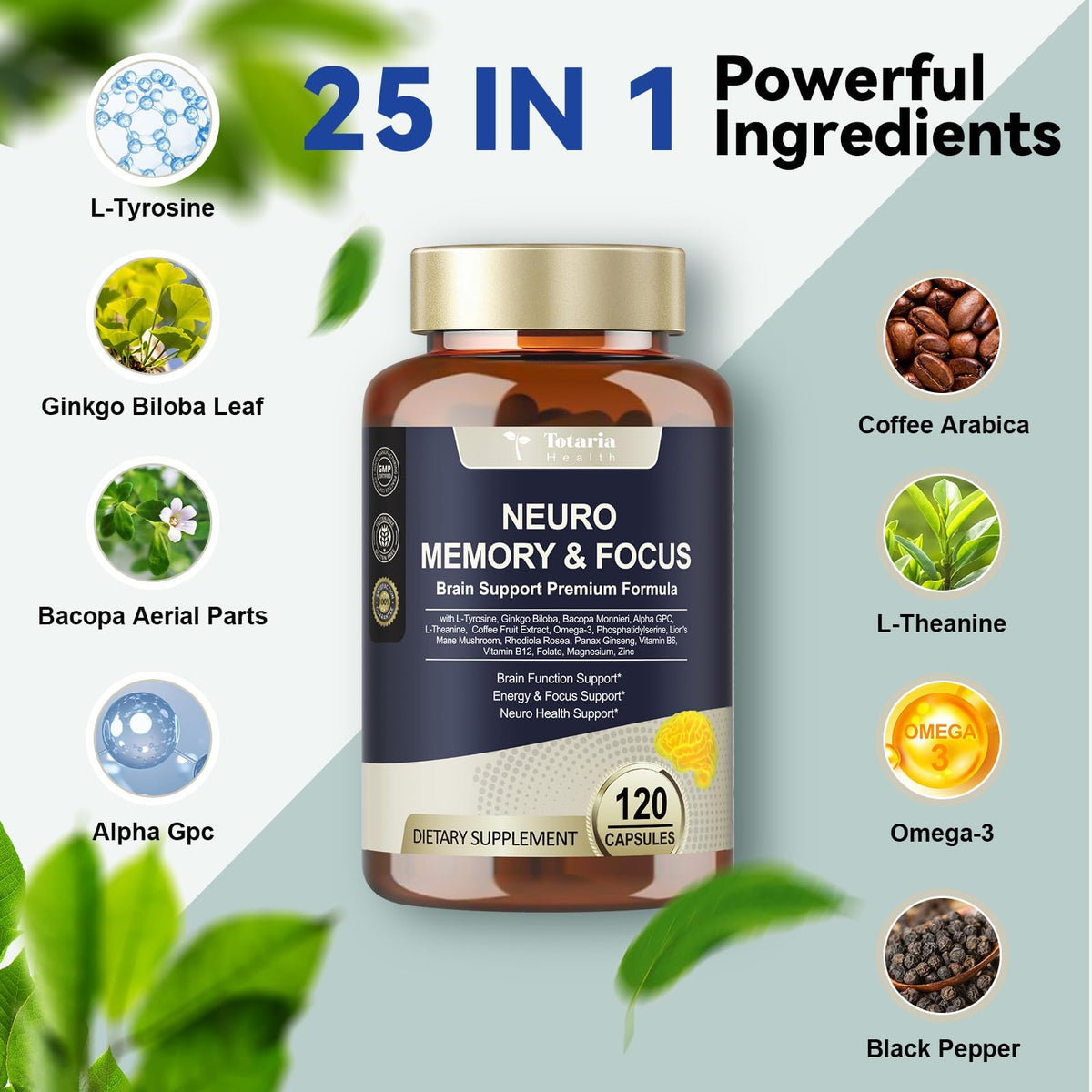 Totaria C-ognitive with Caffeine Pills, L-Tyrosine, Alpha GPC, Ginkgo Biloba, Bacopa Monnieri Brain Supplement for Memory and Focus, Brain Nootropic Support - Non-GMO, Gluten Free (2 Packs) TotariaBuy Supplements Australia