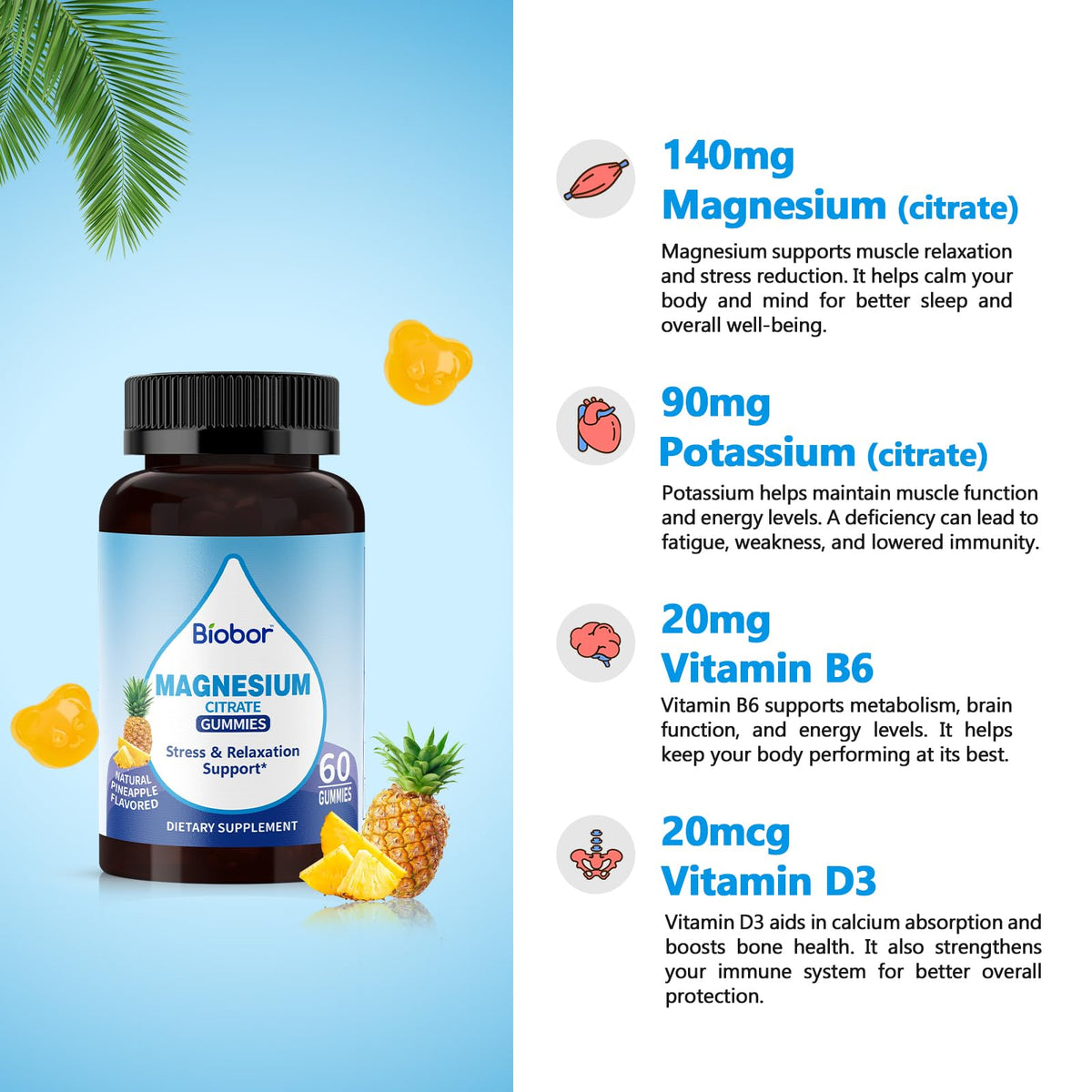 Biobor Potassium Magnesium Gummies, Magnesium Citrate & Potassium Citrate Supplements with Vitamin D3, B6 for Electrolyte Balance, Muscle, Leg Cramps, GMO Free Gluten Free (Pineapple,60 Count) BioborBuy Supplements Australia