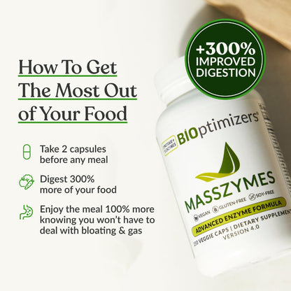 BiOptimizers MassZymes - Complete Digestive Enzymes Supplement for Gut Health - Bloating Relief for Men and Women - Lipase Amylase Bromelain