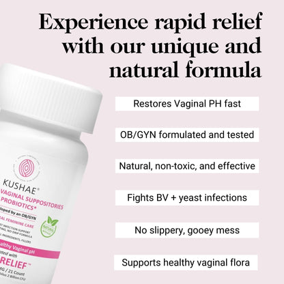 Kushae Boric Acid Suppositories + Rapid Relief, All Natural Female Suppositories with Probiotics & Aloe Vera, Relieves Discomfort & Balances pH Level Bottle Only 21 Capsules KushaeBuy Supplements Australia