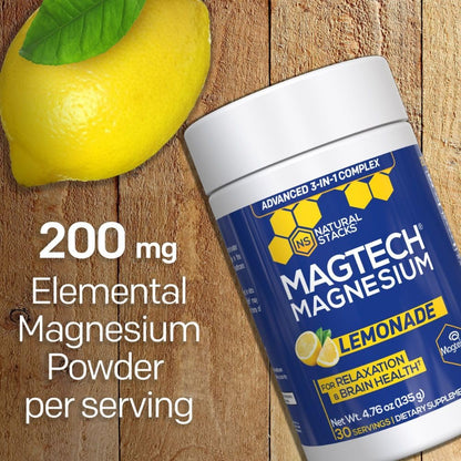 Magtein Magnesium L-Threonate, Glycinate & Taurate - MagTech Magnesium Powder - Sugar Free Lemonade Drink - 200mg Chelated Triple Complex - Supports Relaxation & Brain Health* - 30 Servings NATURAL STACKSBuy Supplements Australia