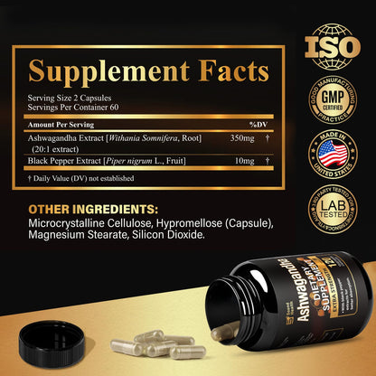 7000mg Ashwagandha Supplements Powder (20:1 Root Extract), 120 Organic Ashwagandha Capsules for Women & Men, Black Pepper & BioPerine for Absorption, Non GMO, Third-Party Tested, Gluten Free SoundHealthBuy Supplements Australia
