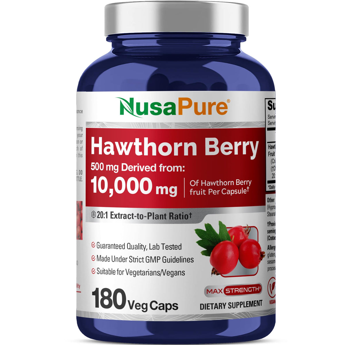 NusaPure Hawthorn Berry 20:1 Extract, 500 mg Equivalent to 10,000 mg 180 Veg Caps, Suitable for Vegetarians, Vegan, Non-GMO Dietary Supplement NusaPureBuy Supplements Australia