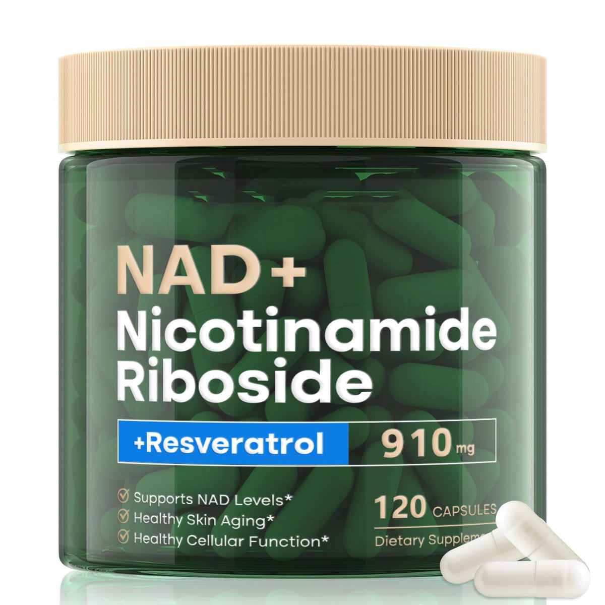 Supplement jar labeled 'NAD+ Nicotinamide Riboside + Resveratrol' with capsules on a white background