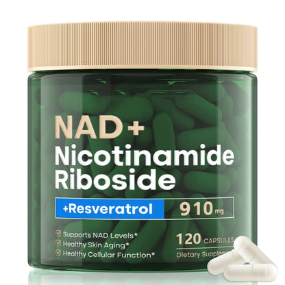 Supplement jar labeled 'NAD+ Nicotinamide Riboside + Resveratrol' with capsules on a white background