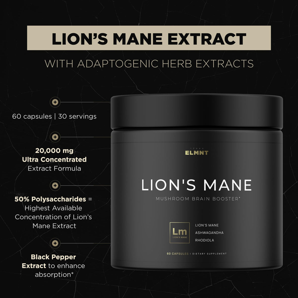20,000mg 16x Strength Lions Mane Supplement Capsules Super Nootropic w. Ashwagandha & Rhodiola - Highest Potency Lion's Mane Mushroom Extract 50% Polysaccharides Brain Supplements for Memory and Focus TERRA ELMNTBuy Supplements Australia