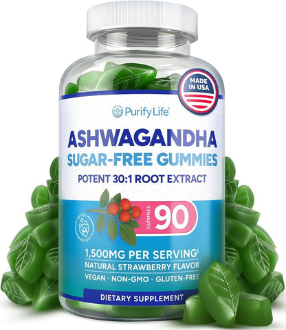 Sugar-Free Ashwagandha Gummies for Stress, Sleep & Mood Support - High-Potency 30:1 Ashwagandha Supplement Extract - Vegan Adaptogen Supplement for Women & Men, Natural Flavor, Plant-Based, 90 Gummies Purify LifeBuy Supplements Australia