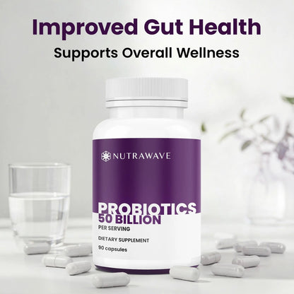 Nutrawave 50 Billion Probiotics for Women & Men, 15 Strains Active Culture. Relieves Bloating & Constipation, Improved Digestion & Gut Health Supplement, Vegan. 60 Powerful Small Capsules. Nutra WaveBuy Supplements Australia