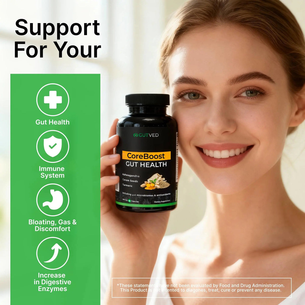 GUTVED Bloating & Gas Relief Probiotic for Women & Men | 9-in-1 Gut & Digestive Support with Probiotics, Prebiotic Inulin, Turmeric, Ginger & Fennel | Daily Plant-Based Capsules, 60 Count GUTVEDBuy Supplements Australia