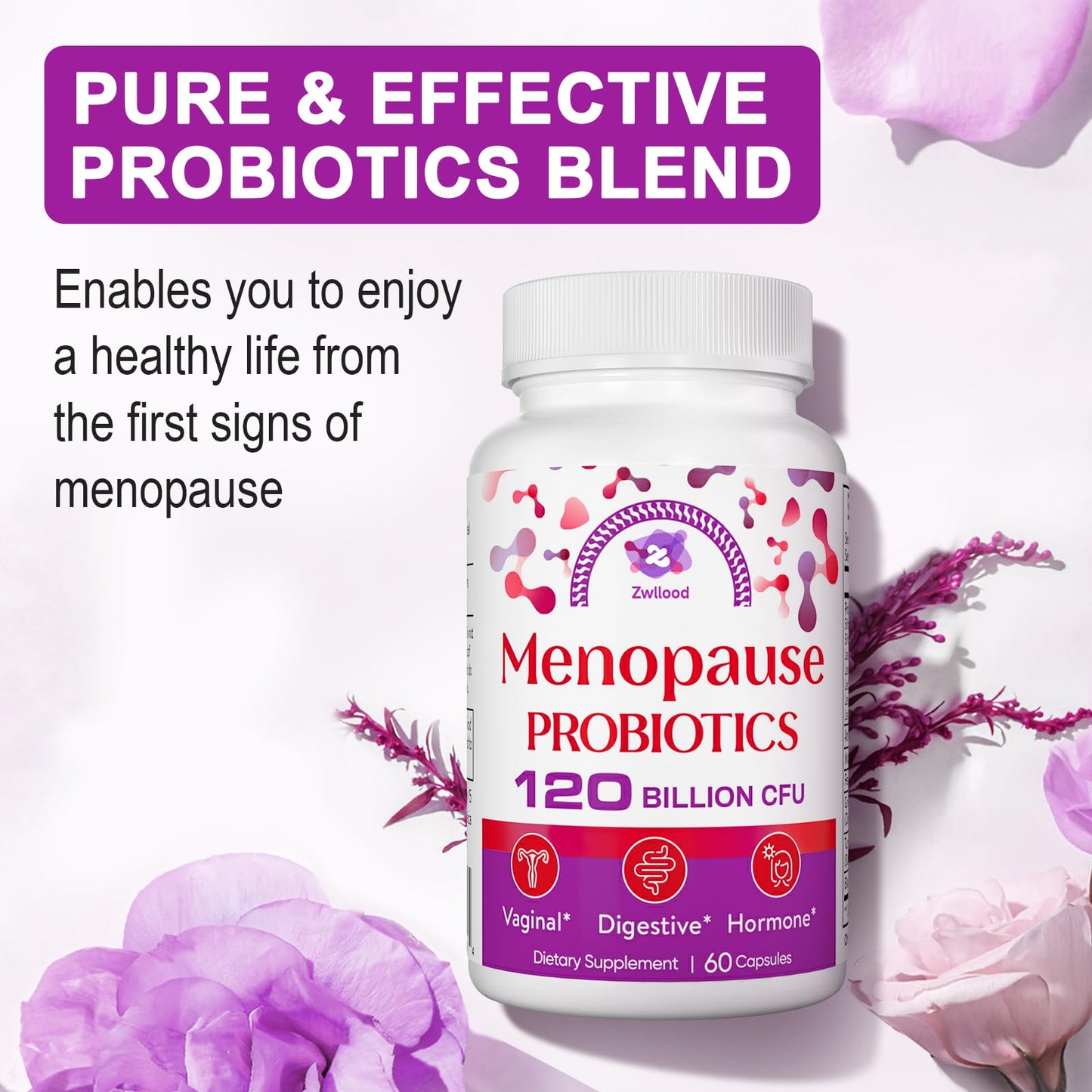 Menopause Supplements for Women, 120 Billion CFU Menopause Probiotics for Women, All-Natural Probiotic for Hot Flashes Menopause, Night Sweats, Mood Swings, Gut and Hormone - 60 Herbal Capsules ZwlloodBuy Supplements Australia