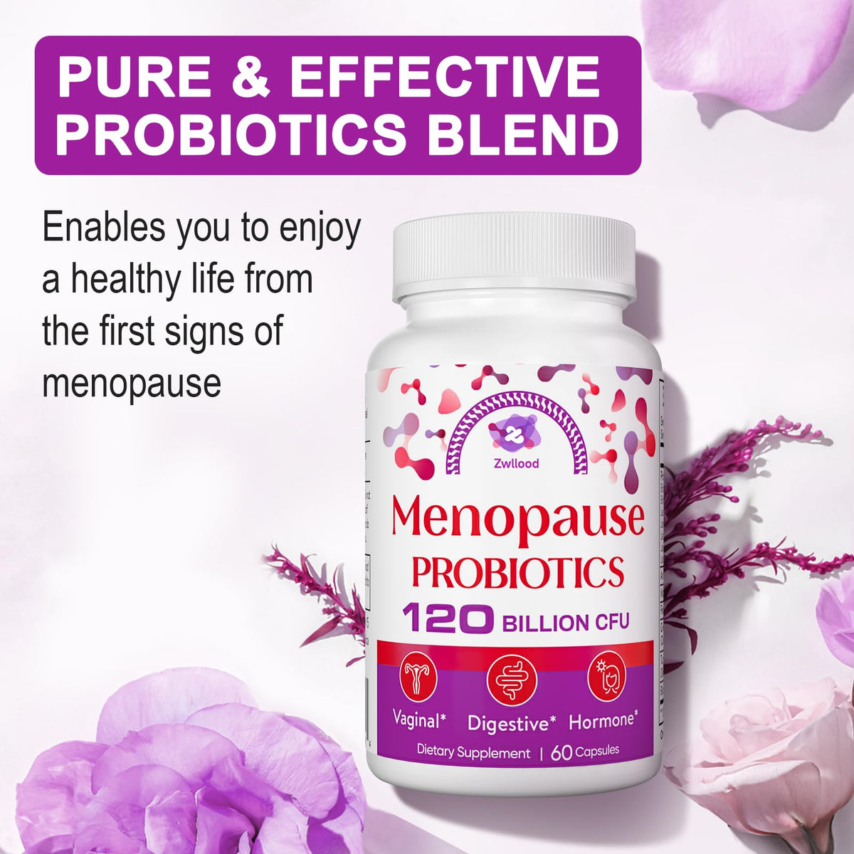 Menopause Supplements for Women, 120 Billion CFU Menopause Probiotics for Women, All-Natural Probiotic for Hot Flashes Menopause, Night Sweats, Mood Swings, Gut and Hormone - 60 Herbal Capsules ZwlloodBuy Supplements Australia