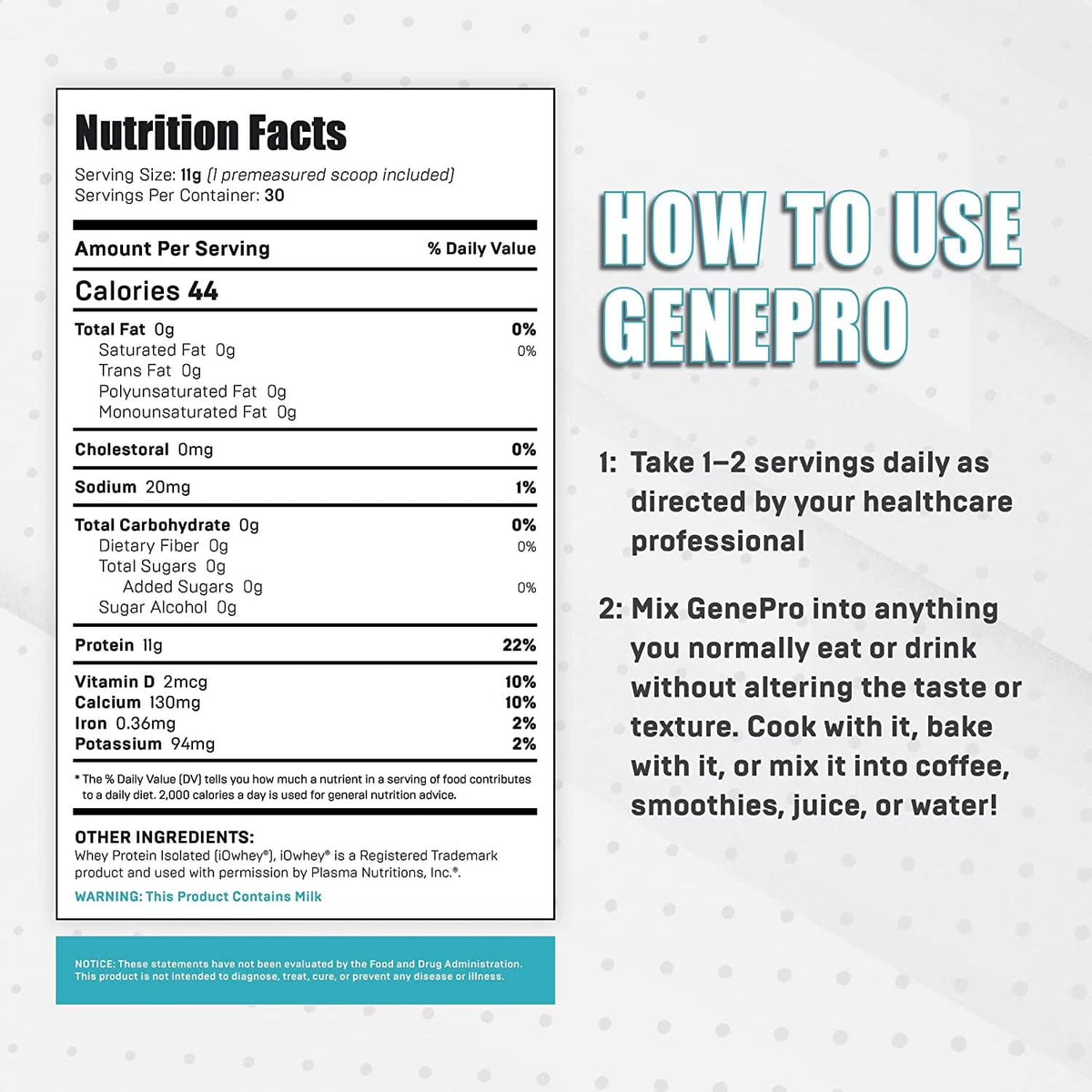 GENEPRO GEN. 3 Unflavored Protein Powder - New Formula - Lactose-Free, Gluten-Free, & Non-GMO Whey Isolate Supplement Shake (3rd Generation, 30 Servings)