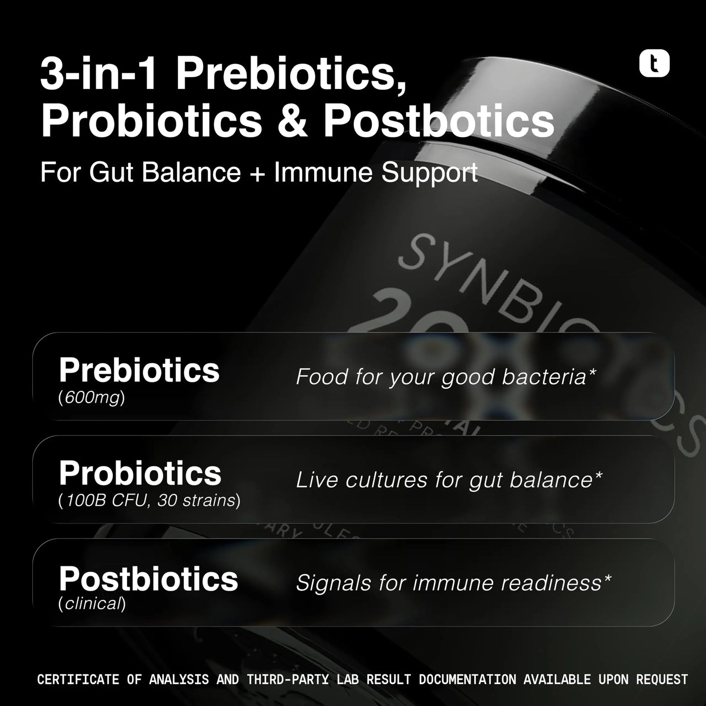 Toniiq Prebiotics and Probiotics – 200B TFU with Postbiotics IMMUSE® & ButyraGen® – 30 Strains – Shelf-Stable Synbiotic Formula – Third-Party Tested – 60 Capsules ToniiqBuy Supplements Australia