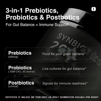 Toniiq Prebiotics and Probiotics – 200B TFU with Postbiotics IMMUSE® & ButyraGen® – 30 Strains – Shelf-Stable Synbiotic Formula – Third-Party Tested – 60 Capsules ToniiqBuy Supplements Australia