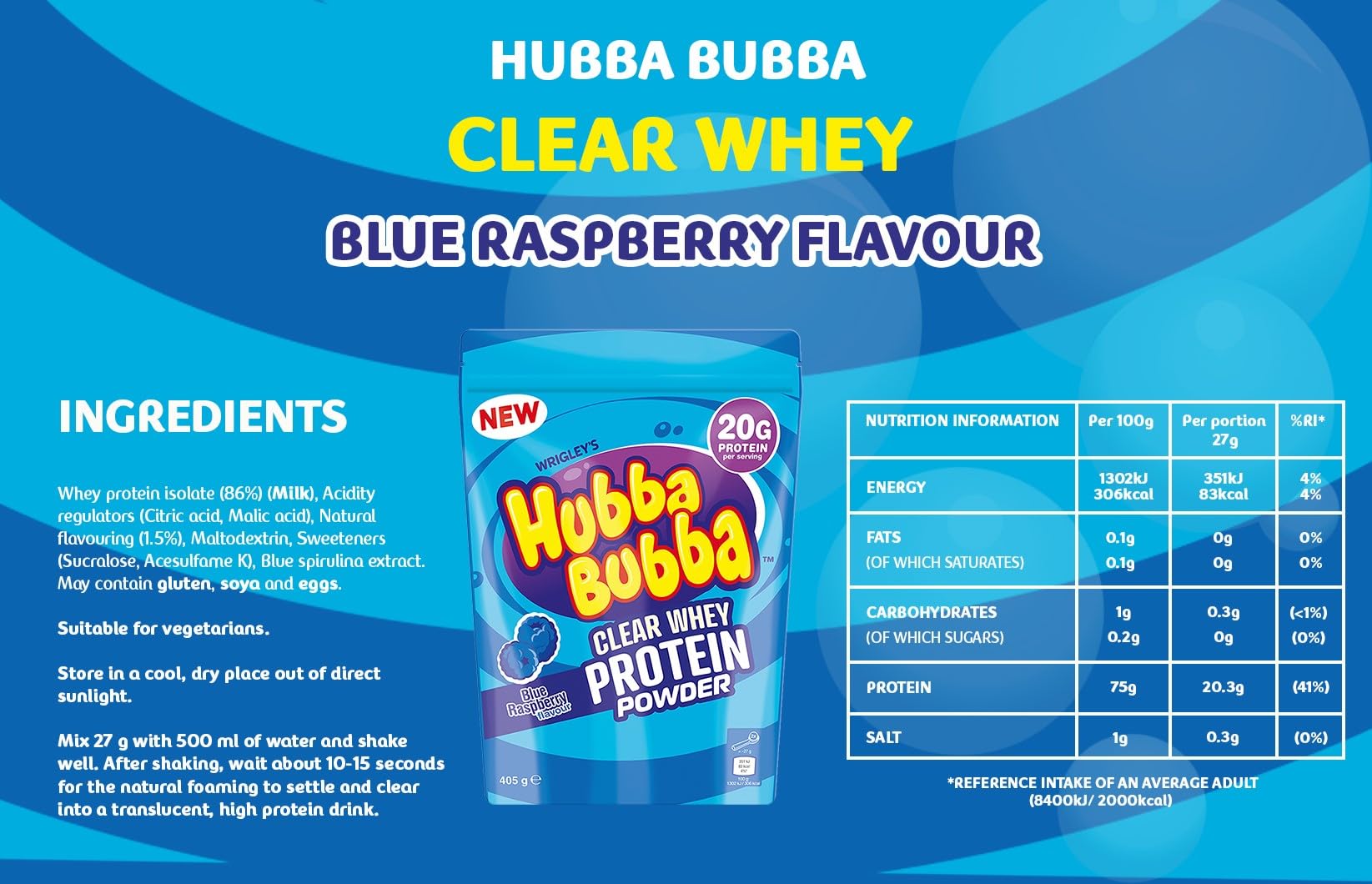 Hubba Bubba Blue Raspberry Clear Whey Isolate, Protein Powder Drink, 405g Pouch Hubba BubbaBuy Supplements Australia
