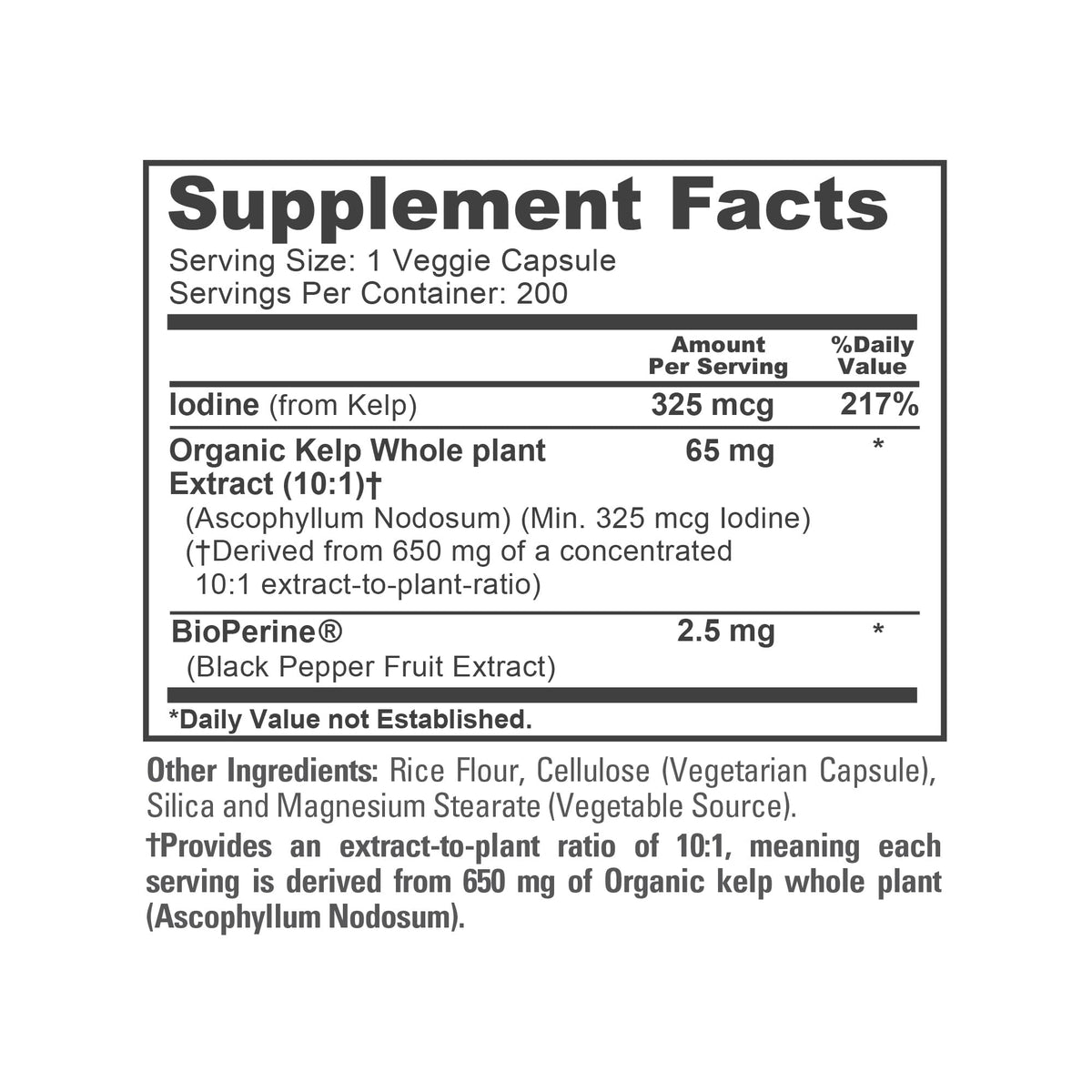 NusaPure Sea Kelp Natural Iodine 325mcg 10:1 Extract, 65 mg Equivalent to 650 mg Capsule 200 Count (Non-GMO, Vegan) NusaPureBuy Supplements Australia