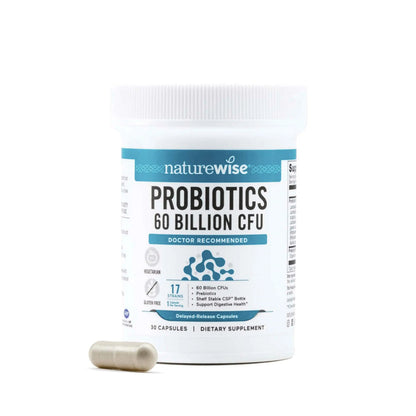 NatureWise Probiotics 60 Billion CFU - 17 Strains + Organic Prebiotics - Immune, Digestive & Gut Health Support for Women & Men - Vegetarian, Gluten-Free, Non-GMO - 30 Capsules[1-Month Supply] NatureWiseBuy Supplements Australia