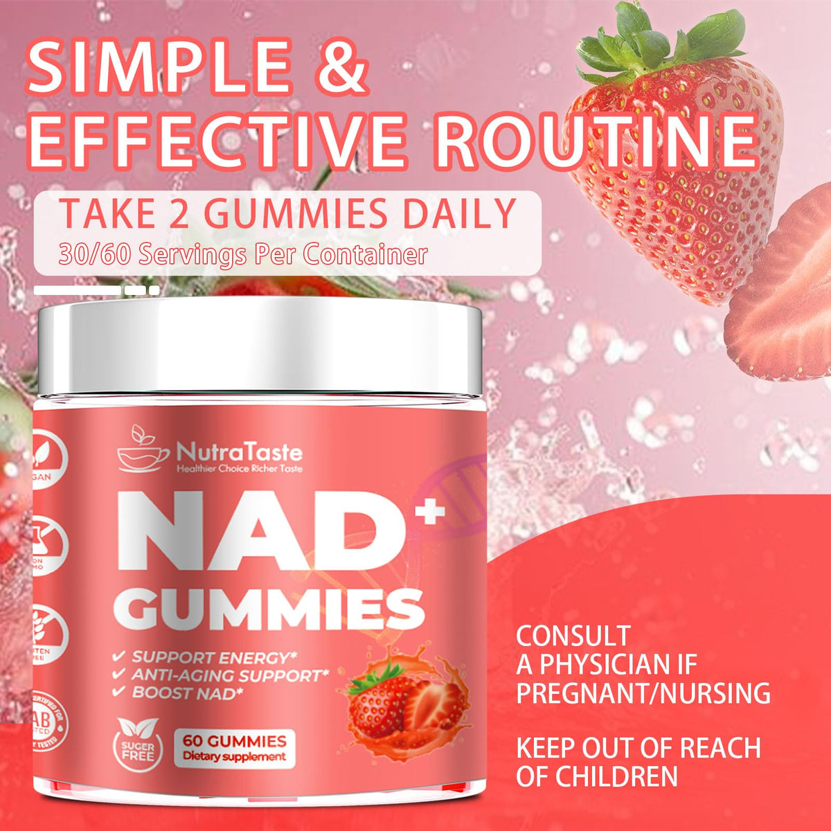 NUTRATASTE HEALTHIER CHOICE RICHER TASTE NAD⁺ Gummies Supplement for Anti-Aging, Energy & Focus Boost | Resveratrol, Nicotinamide Riboside | Strawberry Flavor, Vegan, Sugar-Free,60 Count (Pack of 1) NUTRATASTE HEALTHIER CHOICE RICHER TASTEBuy Supplements Australia