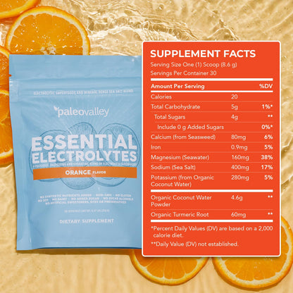 Paleovalley Essential Electrolytes Powder - Full Spectrum Orange Electrolyte Powder for Hydration, Energy and Muscle Recovery - No Sugar Added - 30 Servings PaleovalleyBuy Supplements Australia