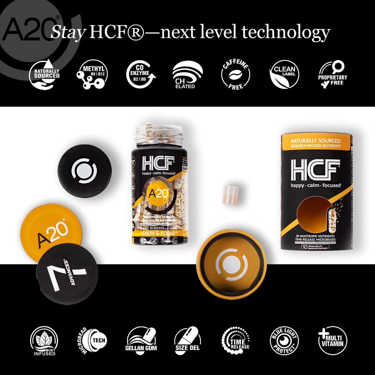 HCF A20 Microbead Brain Health Supplements for Adults for Memory, Focus, Calm, Mood, Alertness, Attention, Vision, Sleep, Immune System, 20 Premium Nootropic Nutrients Multivitamin & 7 Advances® Tech HCFBuy Supplements Australia