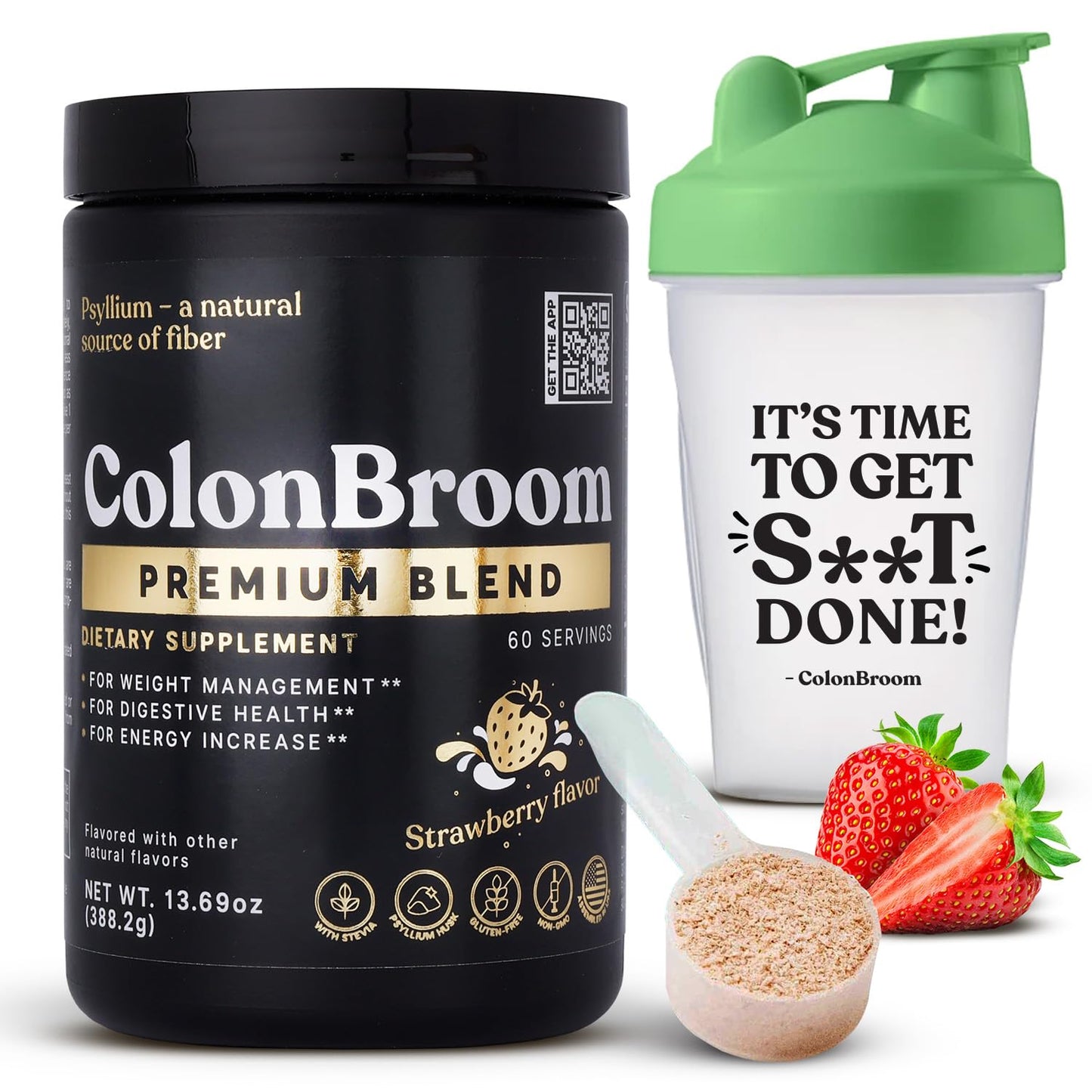 ColonBroom Premium Psyllium Husk Powder (Strawberry, 60 Servings) + Shaker Bottle for Colon Broom Fiber Powder Drink Bundle - Colon Cleanse for Bloating Relief & Gut Health - Fiber Powder Supplement ColonBroomBuy Supplements Australia