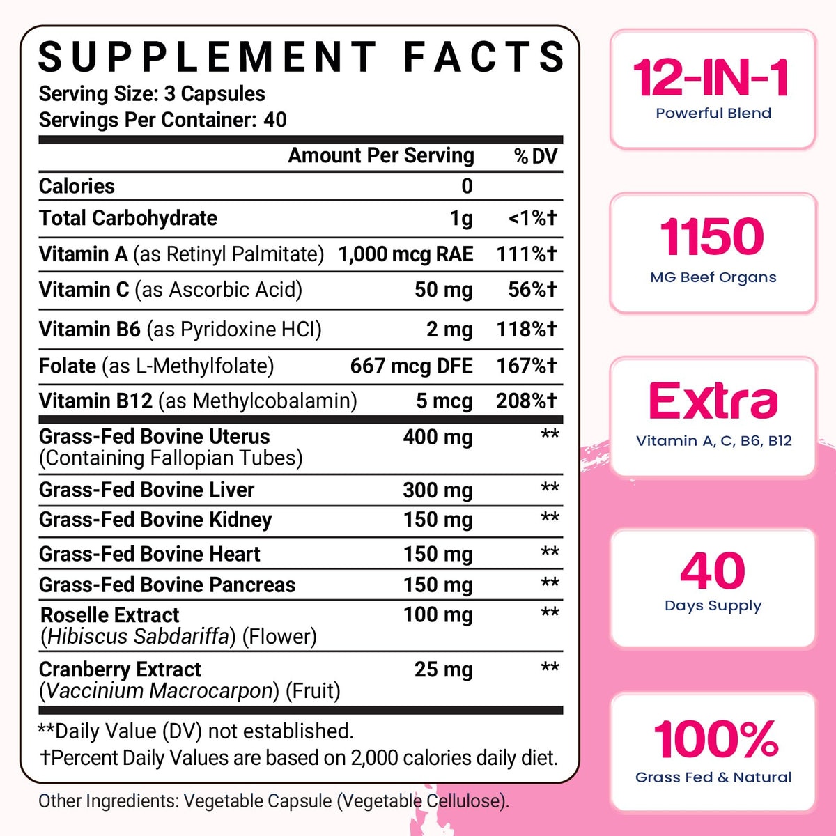 12-In-1 Beef Organ Supplement for Women - Beef Liver, Uterus, Kidney, Heart, Pancreas, 5 Vitamins & 2 Herbs, Hormone Balance, Menstruation, Energy, Immune - 100% Grass Fed, Pasture Raise - 120 Caps NassiouyBuy Supplements Australia