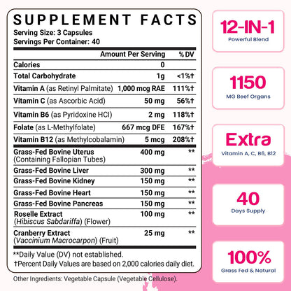 12-In-1 Beef Organ Supplement for Women - Beef Liver, Uterus, Kidney, Heart, Pancreas, 5 Vitamins & 2 Herbs, Hormone Balance, Menstruation, Energy, Immune - 100% Grass Fed, Pasture Raise - 120 Caps NassiouyBuy Supplements Australia