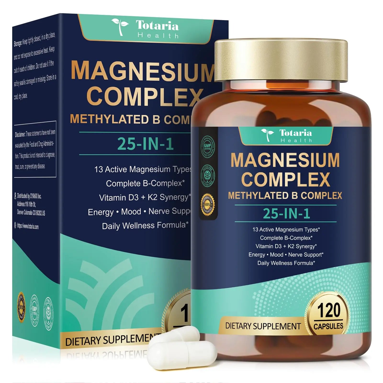 25-in-1 Magnesium Complex with Methylated B Complex Magnesium Glycinate Citrate Malate Taurate Gluconate Aspartate Carbonate D3 K2, Magnesium Supplement Totaria canada supplements