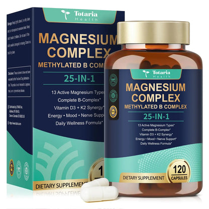 25-in-1 Magnesium Complex with Methylated B Complex Magnesium Glycinate Citrate Malate Taurate Gluconate Aspartate Carbonate D3 K2, Magnesium Supplement Totaria canada supplements