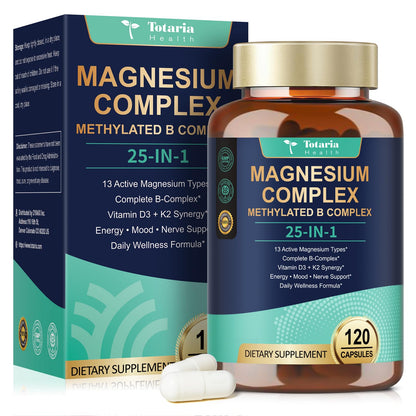 25-in-1 Magnesium Complex with Methylated B Complex Magnesium Glycinate Citrate Malate Taurate Gluconate Aspartate Carbonate D3 K2, Magnesium Supplement